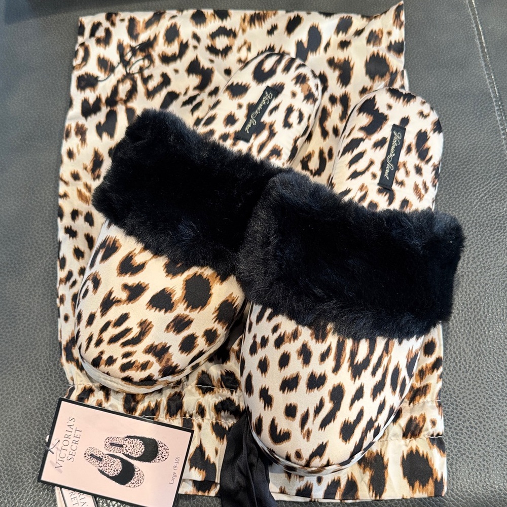 Victoria's Secret Leopard Print Slippers with Black Fur